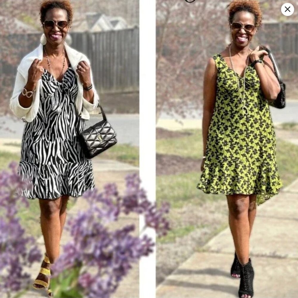 Cabi‎ Samba Flip Dress - Reversible - Floral Green Zebra Print Mesh